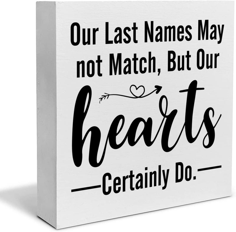 PIXCEOS Blended Family Decorative Wooden Box Sign Our Last Names May not Match But Our Hearts Certainly Do Wood Block Plaque Decor Rustic Shelf or Wall Display for Home Living Room Bedroom - Image 1
